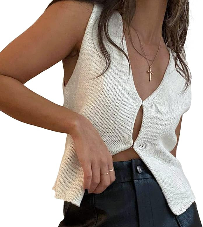 Womens Vintage Knittd Tank Y2k Vest Crop Top Sleeveless V-Neck Open Front Button Crochet Knit Ves... | Amazon (US)