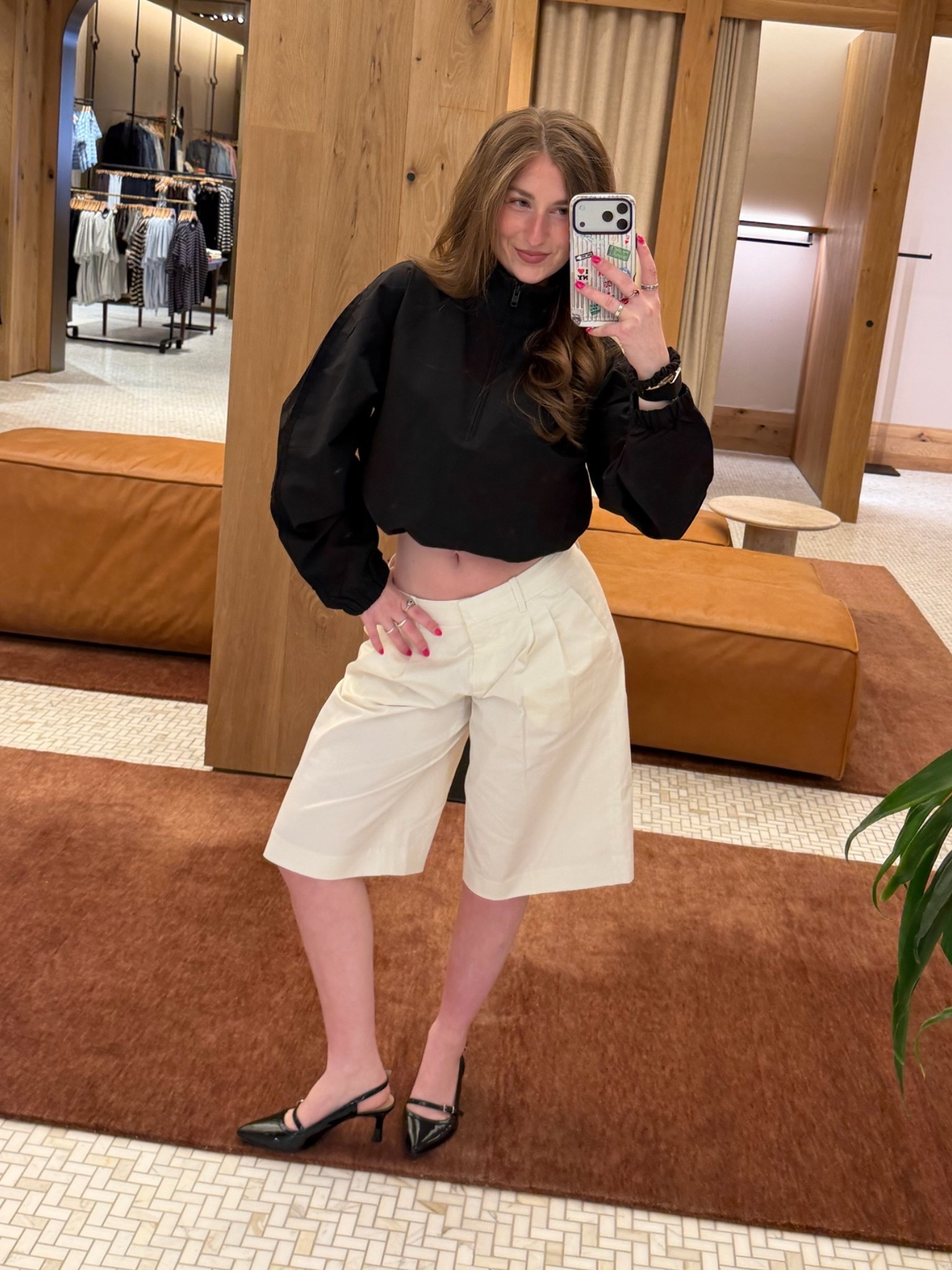 aritzia outfit cook girl white long bermuda chino pleated shorts kitten heels comfortable heels windbreaker golden funnel collared quarter zip jacket

#LTKootd #LTKgrwm #LTKWorkwear