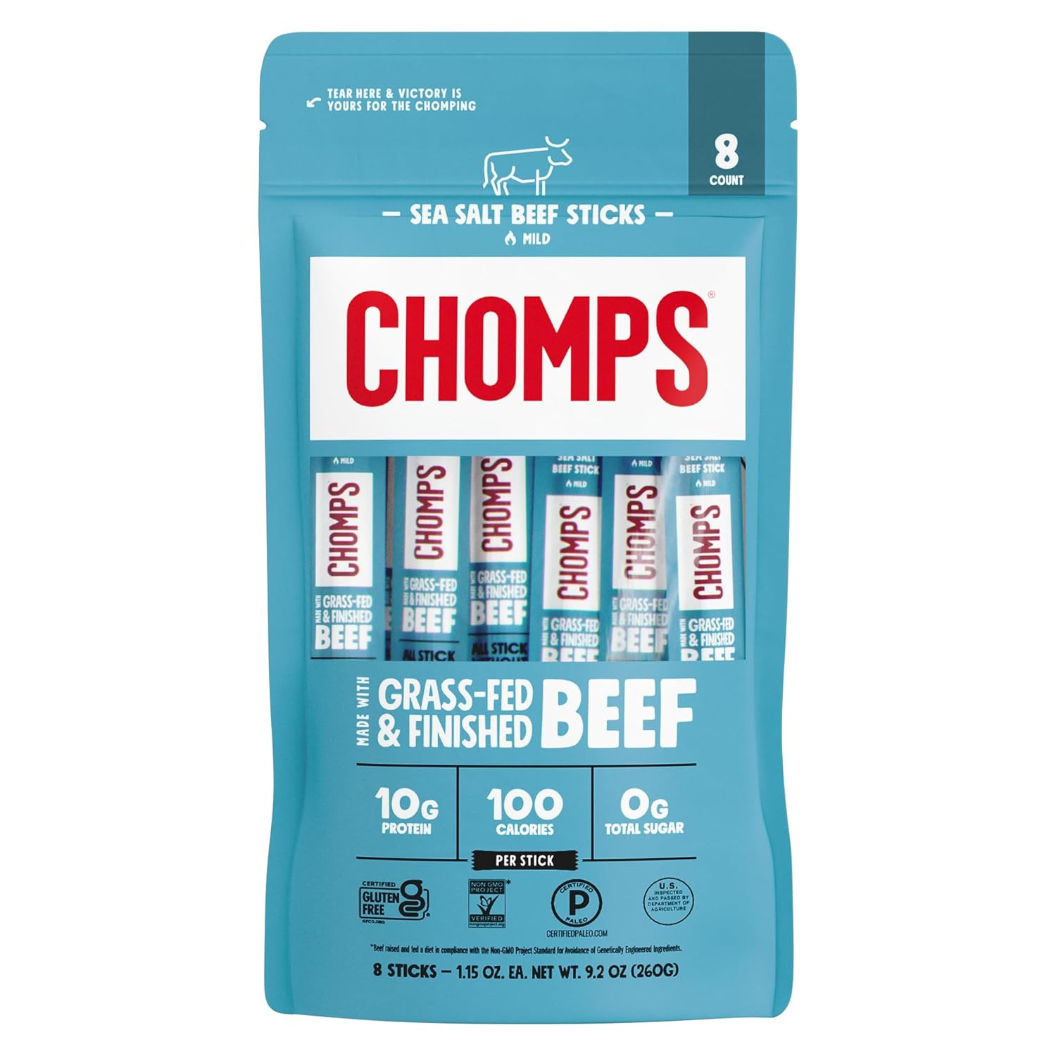CHOMPS Sea Salt Beef Stick 8 Count, 1.15 OZ | Amazon (US)
