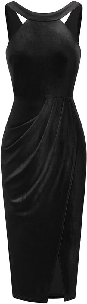 GRACE KARIN Women's Halter Neck Sleeveless Ruched Bodycon Slit Velvet Wrap Party Cocktail Midi Dress | Amazon (US)