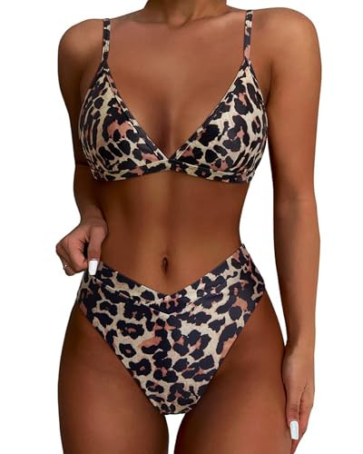 SUUKSESS Women Triangle High Cut Bikini Sets Sexy High Waisted Color Block Two Piece Swimsuits Push Up Bathing Suits(Leopard,L) | Amazon (US)