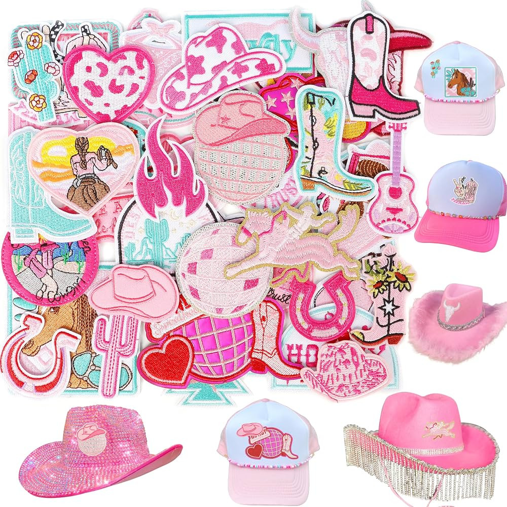 Western Iron On Patches for Cowgirl Hats: Meneng 45Pcs Pink Trucker Hat Patches DIY Accessories -... | Amazon (US)