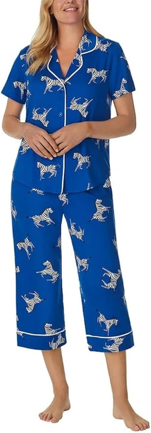 Room Service Womens 2-Piece Lightweight Short Sleeve Notch Collar Crop Pants Pajama Set | Amazon (US)