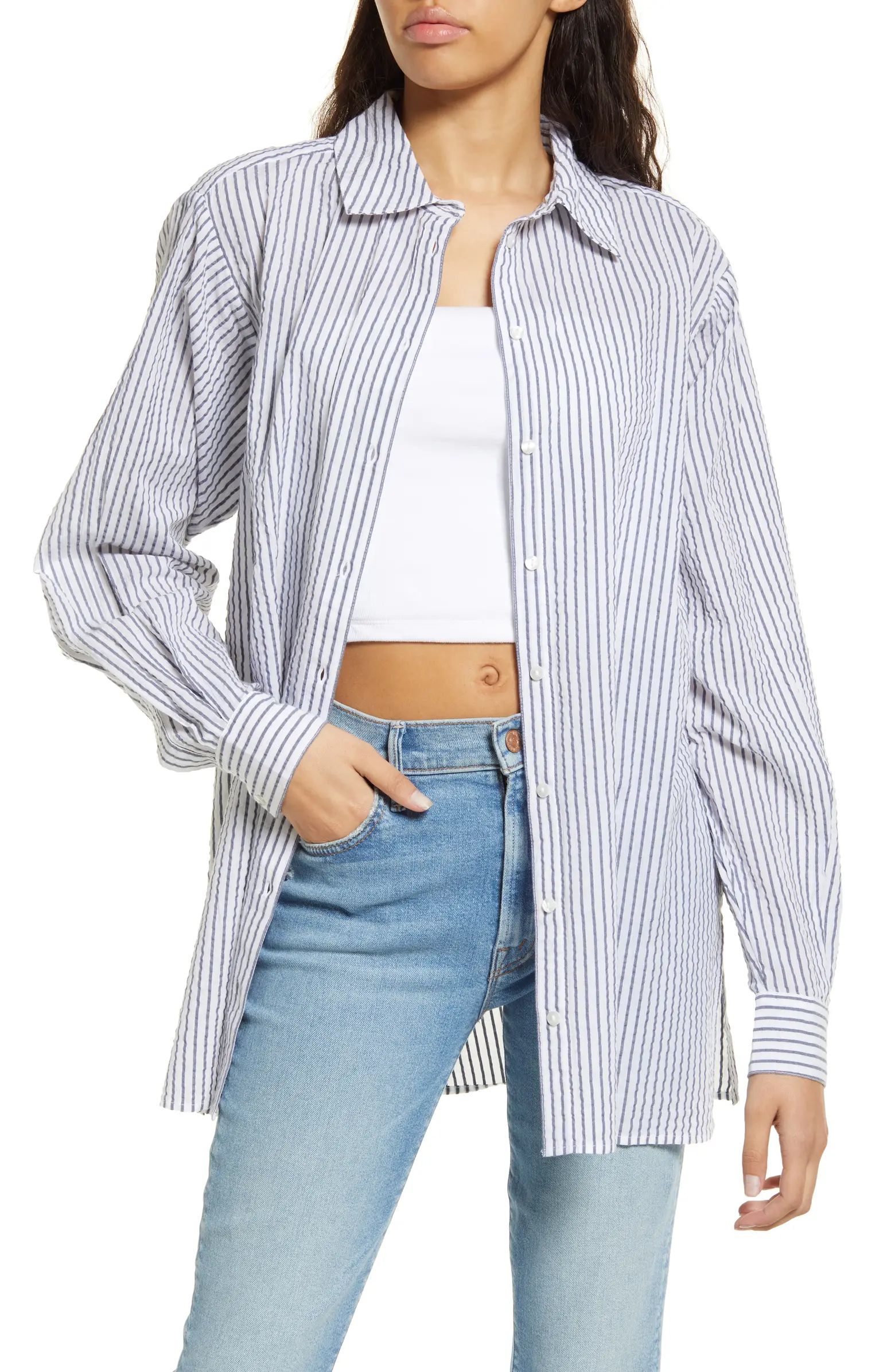 Topshop Stripe Cotton Seersucker Button-Up Shirt | Nordstrom | Nordstrom
