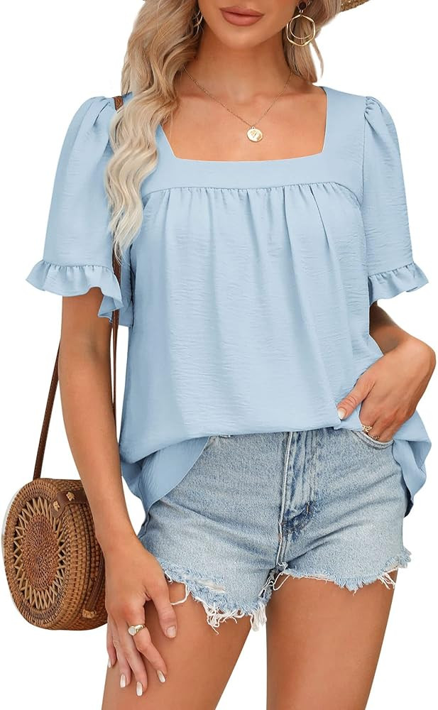 BZB Womens Summer Tops Sqaure Neck Ruffle Sleeve Blouses Babydoll Shirts S-2XL | Amazon (US)