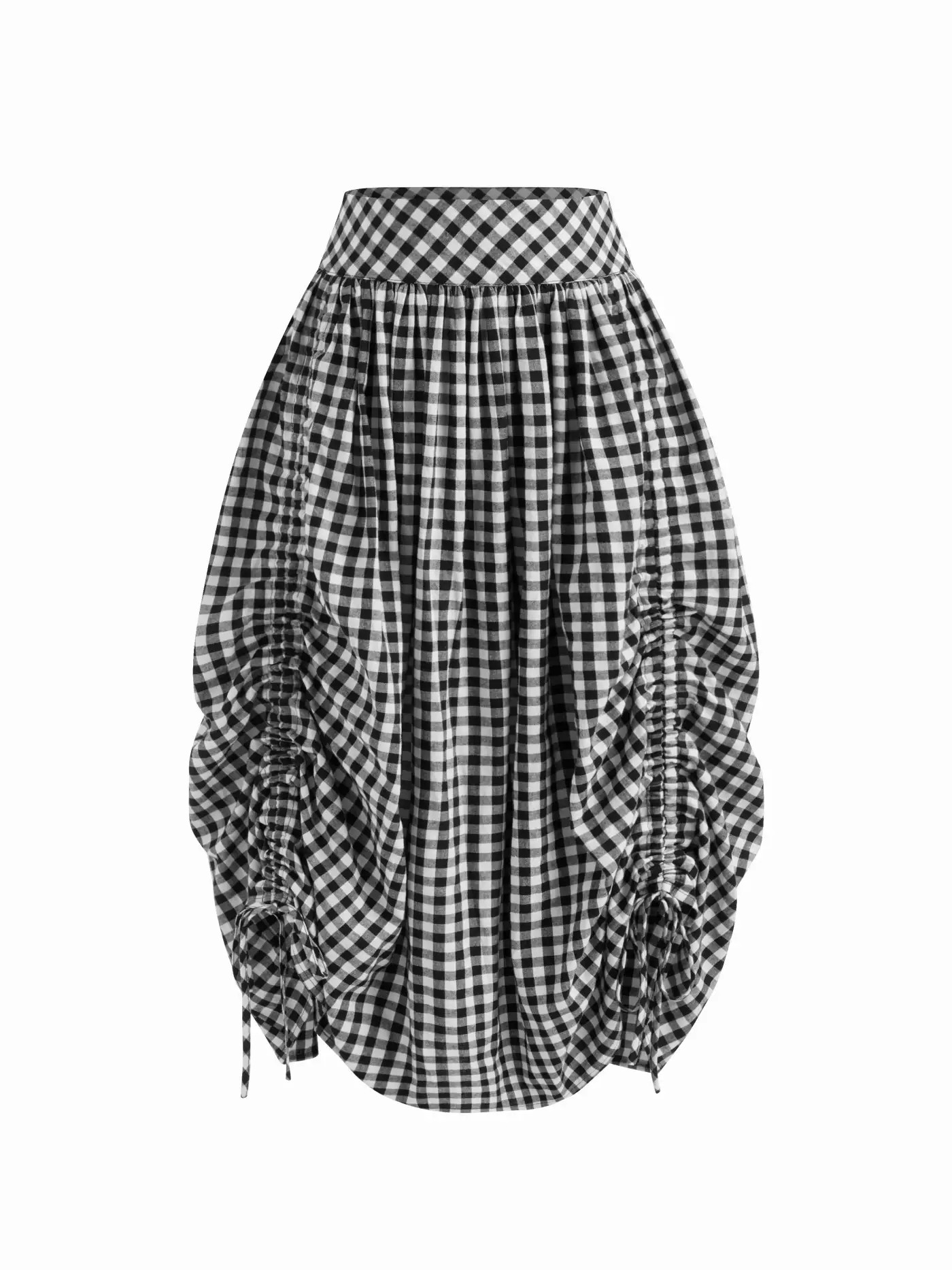 Woven Multi-way 100% Cotton Mid Rise Gingham Drawstring Ruffle Hem Maxi Skirt For Daily Casual | Cider