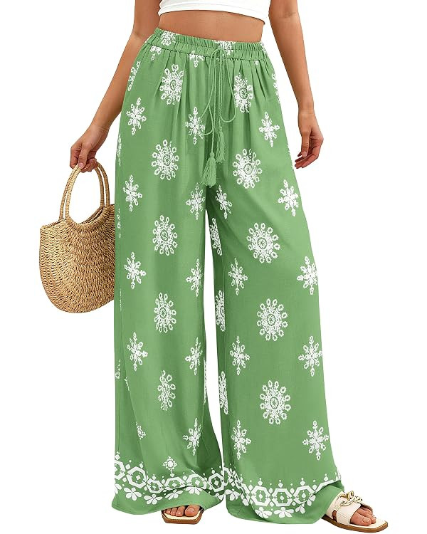 PRETTYGARDEN Women's Wide Leg Palazzo Pants 2026 Summer Boho Floral Trousers Spring Flowy Beach V... | Amazon (US)