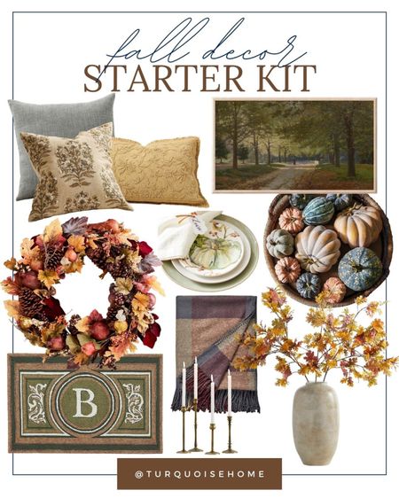 Start your fall decorating with these fall decor staples! My fall decor starter kit includes my favorite Frame TV art, fall throw pillows, pumpkin salad plates, pinecone and pomegranate fall wreath, plaid throw planket, fall droomate, artisan vase, faux autumn leaf stems, faux pumpkin decor and brass candlesticks. Fall home decor, autumn home decor, front door wreath. 

#LTKunder100 #LTKSeasonal #LTKstyletip
