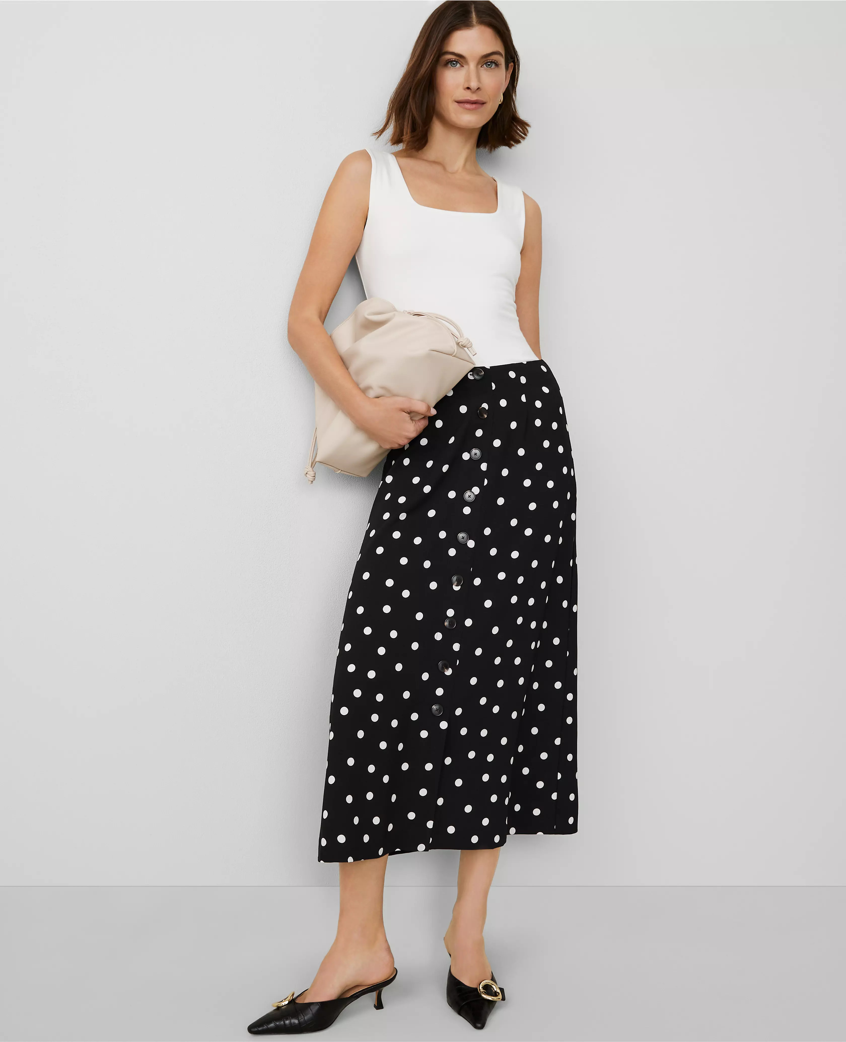 Dotted Crepe Button Midi Skirt | Ann Taylor
