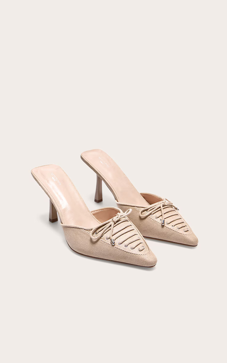 Beige Faux Suede Wide Fit Pointed Toe Lace Up Heeled Mules | PrettyLittleThing US