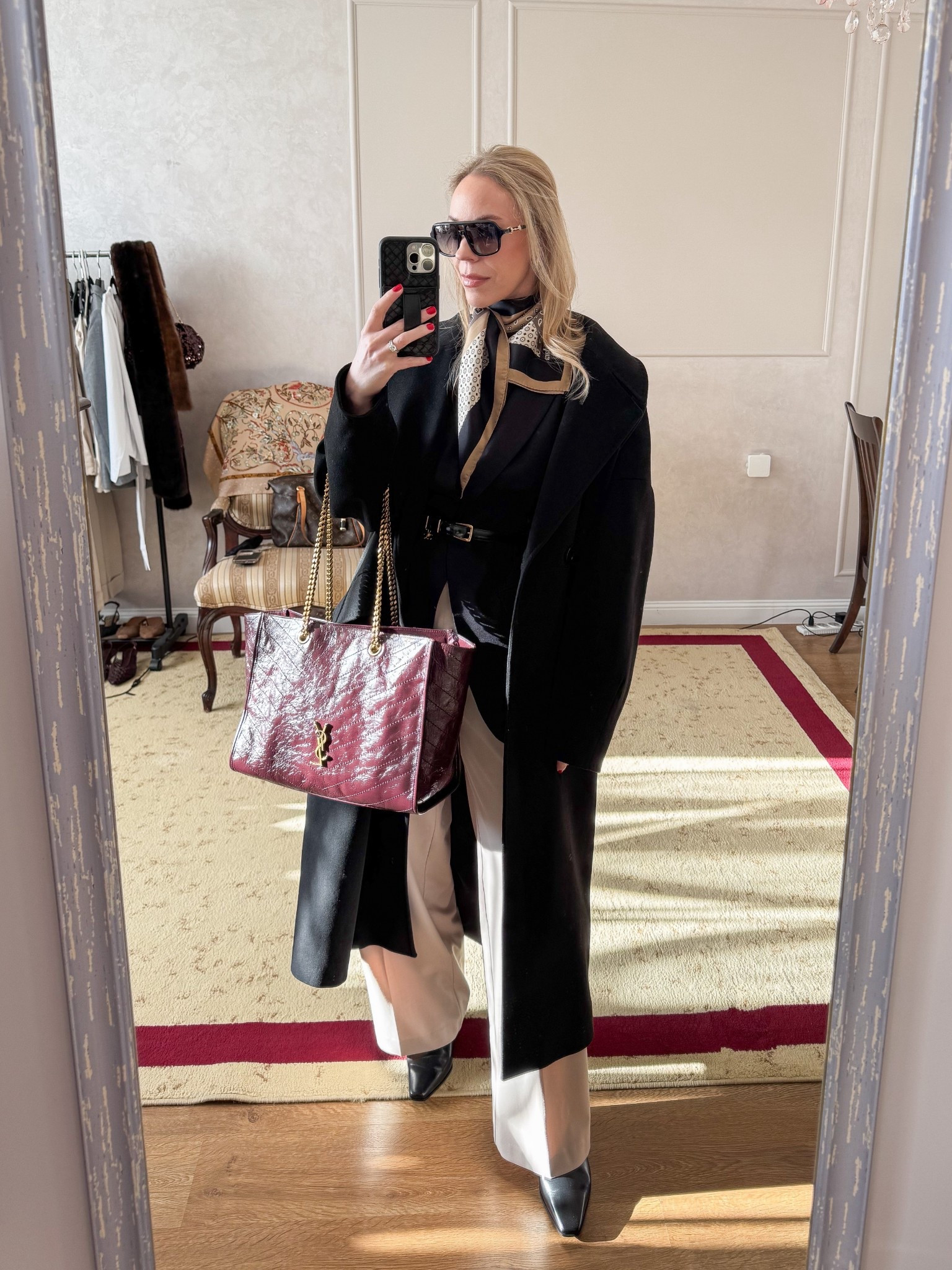 Spring workwear look, business casual, Max Mara silk scarf, black blazer, burgundy YSL tote bag, style over 40

#LTKOver40 #LTKWorkwear #LTKootd