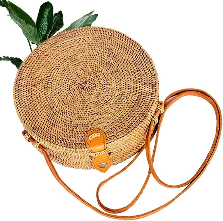 Handwoven Round Rattan Straw Bag for Women Shoulder Leather Button Straps Natural Chic Handmade B... | Amazon (US)
