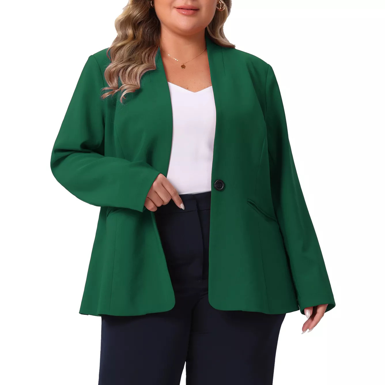 Plus Size Women's Business Casual Collarless Open Front Long Sleeve Work Blazer Jacket with Pocke... | Kohl's