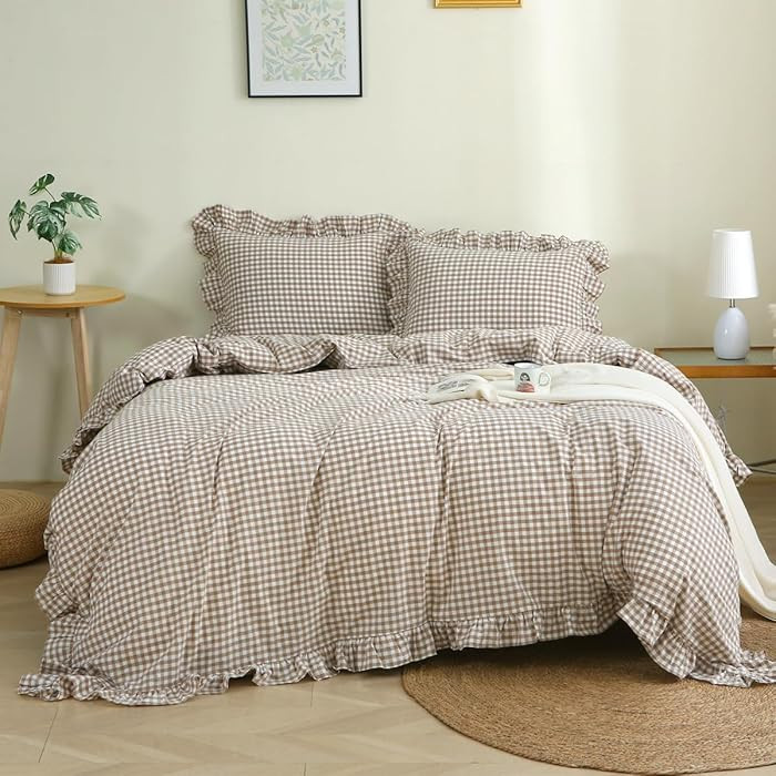Taupe/White Plaid Ruffle Duvet Cover Queen Size,100% Washed Cotton 3 Pcs Vintage Checkered Chic G... | Amazon (US)