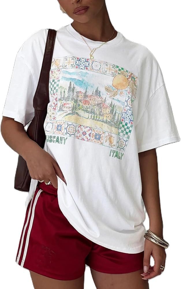 Women Oversized Tops Y2k Cute Loose Short Sleeve Fruit Floral Graphic T Shirt Vintage Beach Coast... | Amazon (US)