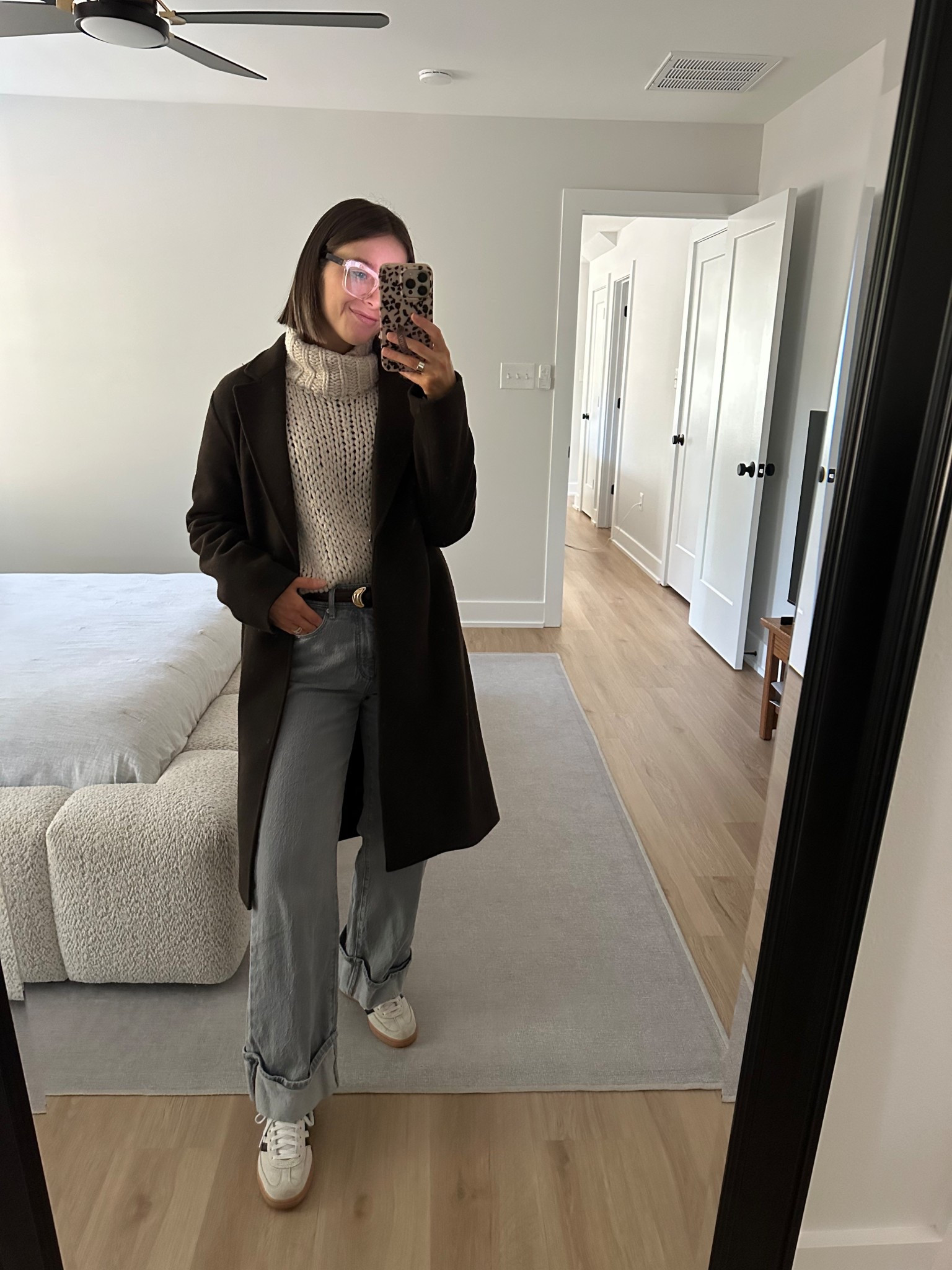 Pink Lily chunky knit oversized turtleneck sweater (Caitlin coving x pink Lily) from a few years ago but so warm and cozy! Linked similar 

H&M chocolate brown tie belt trench coat xs tts

Loft grey high rise cuffed wide leg jeans size 25p tts - the regular length also works perfectly for boots for my 5’3” height! 

Adidas Handball Spezial shoes in aluminum - these run BIG!! I’m typically a 7.5 and these are a 6

Gold jewelry, gold necklace, gold chain, necklace stack, initial necklace, Melinda Maria jewelry, good rings, ring stack, gold hoops, gold earrings, adidas, outerwear, basics, no show socks, wide leg jeans, cuffed jeans, brown belt, gold buckle belt 

#LTKSaleAlert #LTKootd #LTKPetite