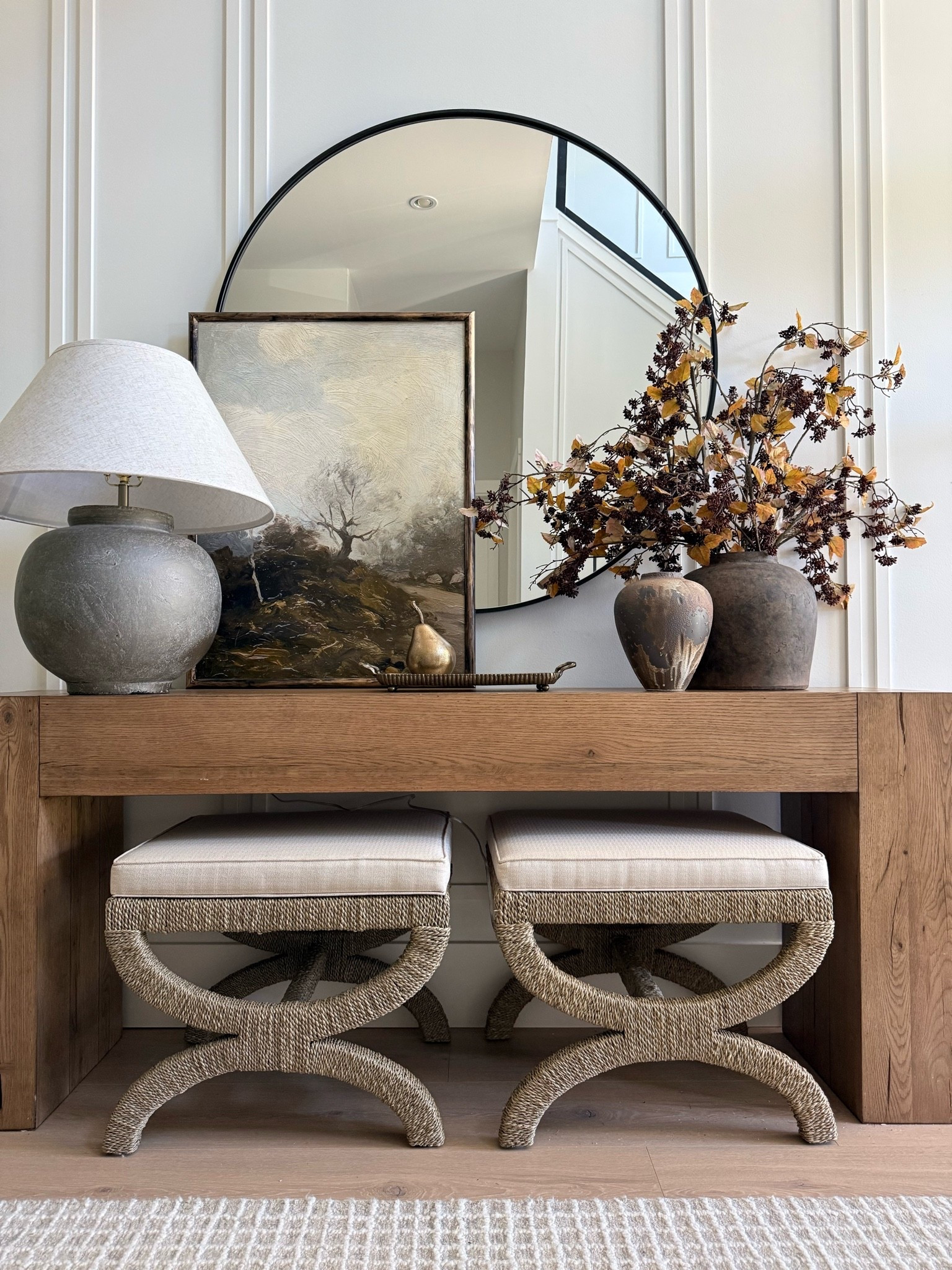 Warm and inviting …entry console styling🤎
Home decor 
Warm neutral home