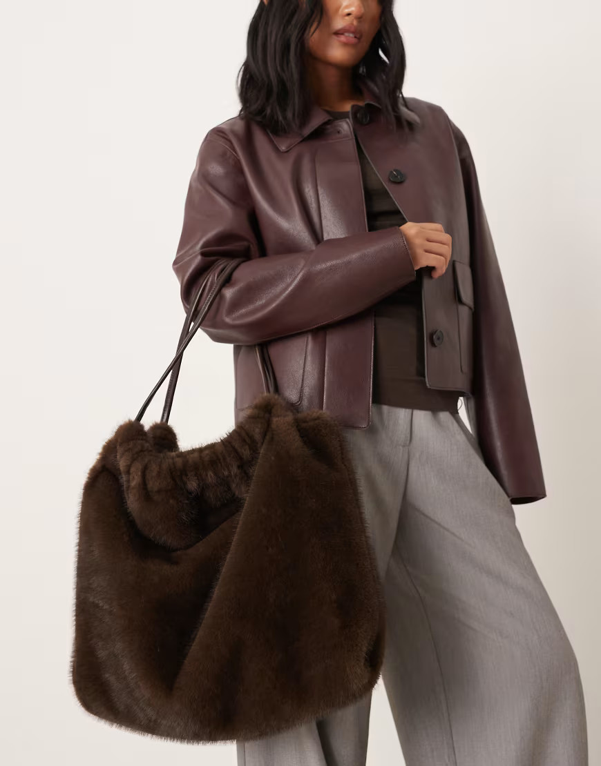 Mango faux fur oversized shoulder bag in chocolate-Brown | ASOS (Global)