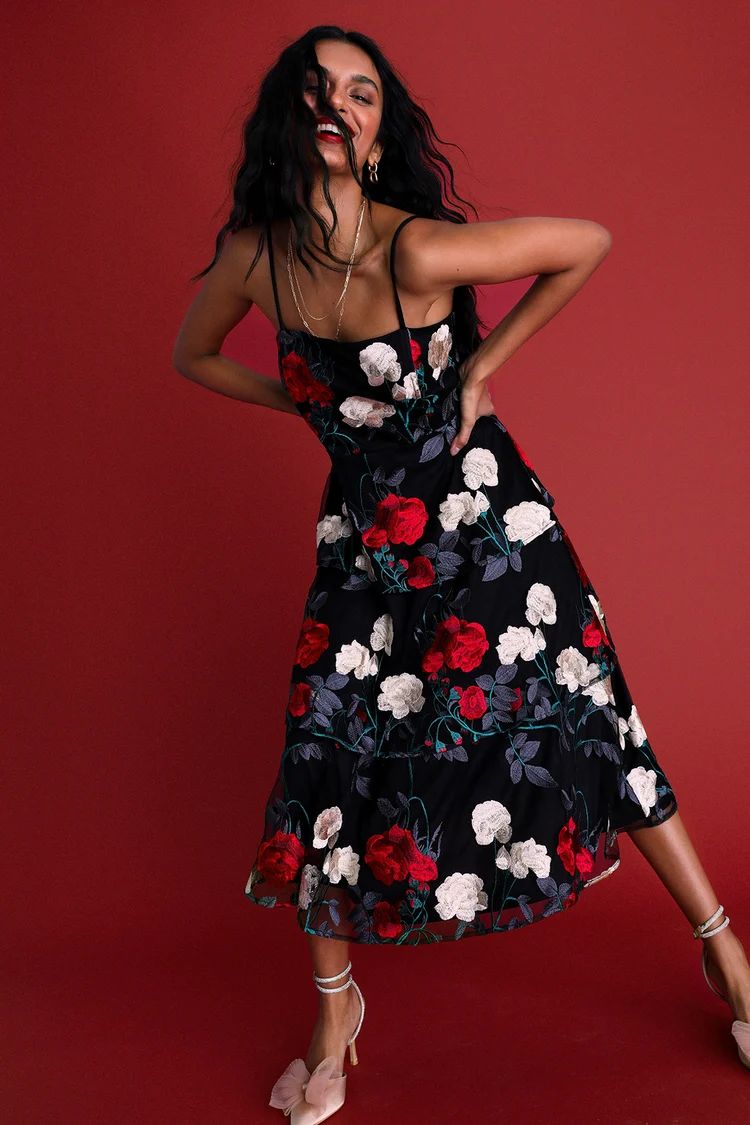 Forever Lovable Black Floral Embroidered Tiered Midi Dress | Lulus (US)