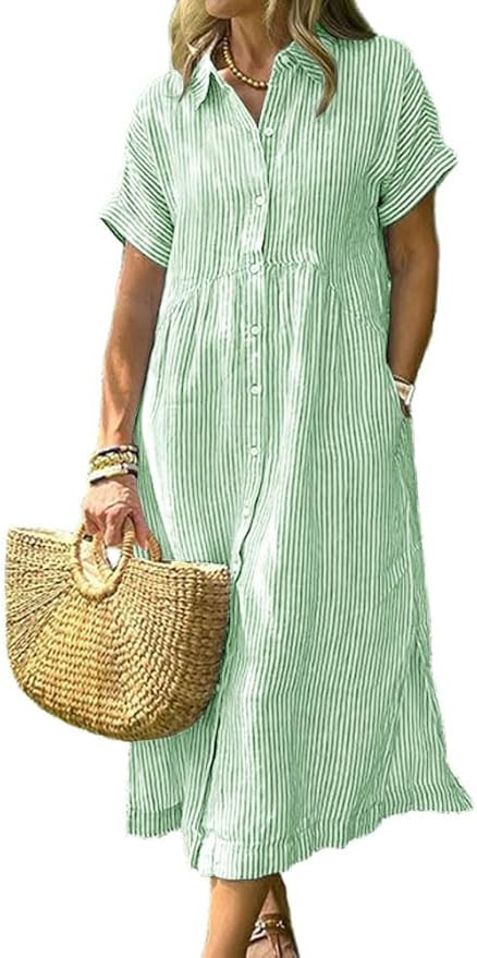 yoeasy Dresses for Women Summer Striped Short Sleeve Button Down Casual Loose Flowy Boho Beach Mi... | Amazon (US)