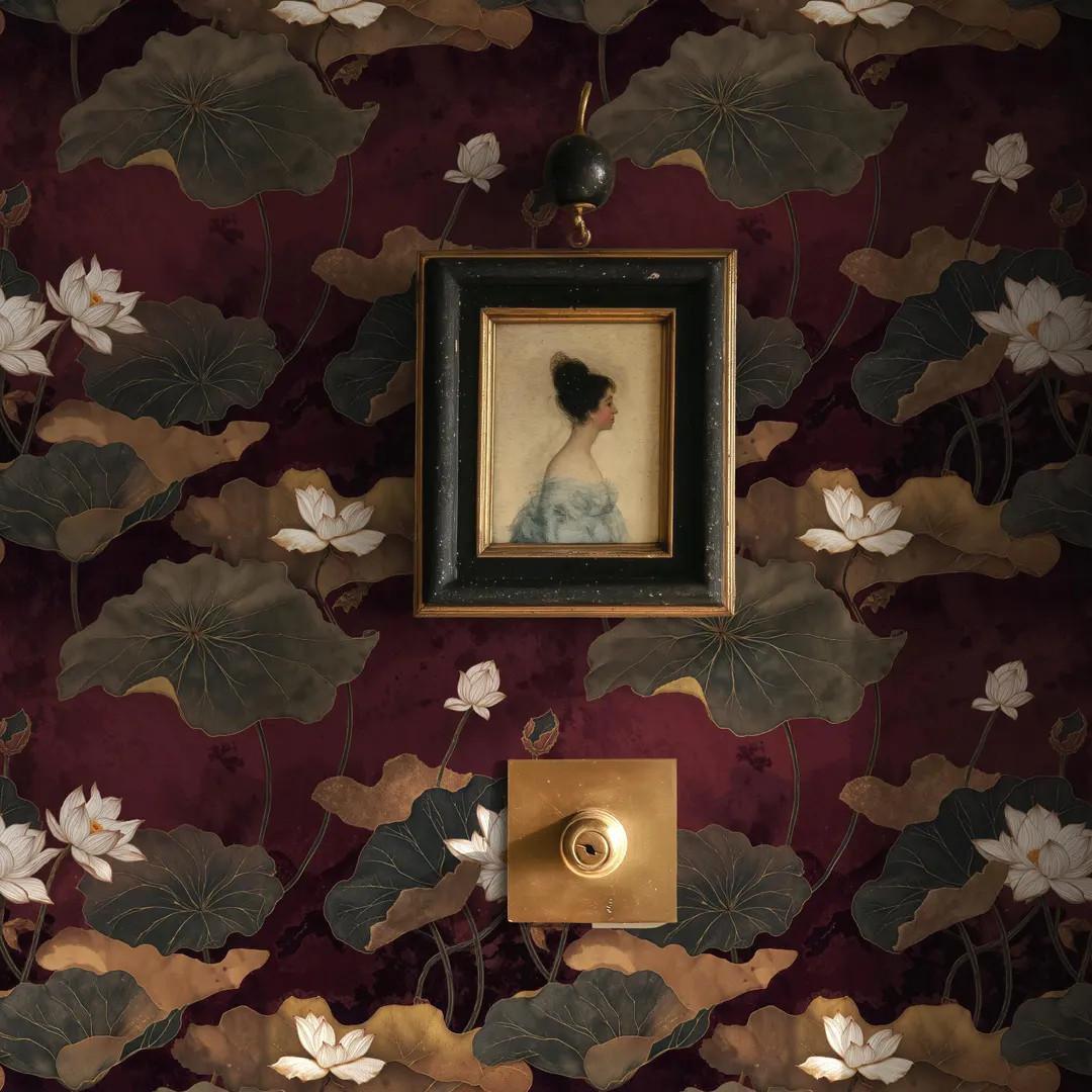 Lotus Wallpaper: Burgundy Peel and Stick for Moody Luxe Bathroom - Etsy | Etsy (US)