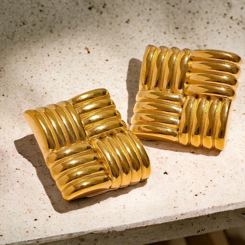Vintage Chunky Square Gold Earrings Tarnish Free Chunky - Etsy | Etsy (US)