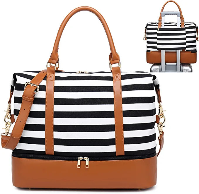 Womens Travel Weekend Bag Canvas Overnight Carry on Shoulder Duffel Beach Tote Bag (Black stripe ... | Amazon (US)