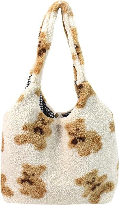 Women Girls Cute Bear Plush Shoulder Bag Large Tote Handbag Purse Faux Fur Shopping Dating Bag | Amazon (US)