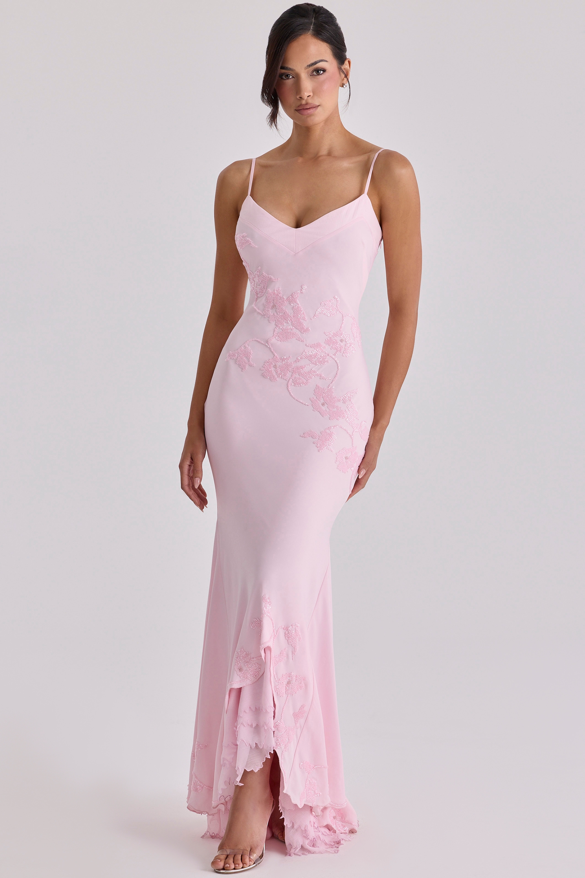 pink hand beaded embellished satin maxi dress | House of CB