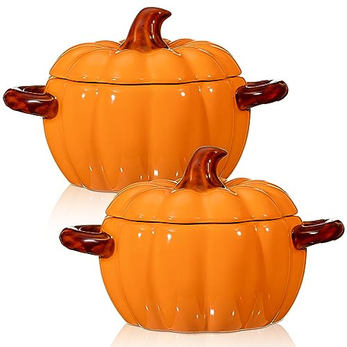 Uiifan 2 Pcs Pumpkin Bowl Ceramic Pumpkin Dish 17 oz and 54 oz Casserole Cookware Pumpkin Pot for Cooking Cute Safe Oven Pot with Lid Double Ear for Thanksgiving Autumn Fall Baking Halloween (Orange) | Amazon (US)