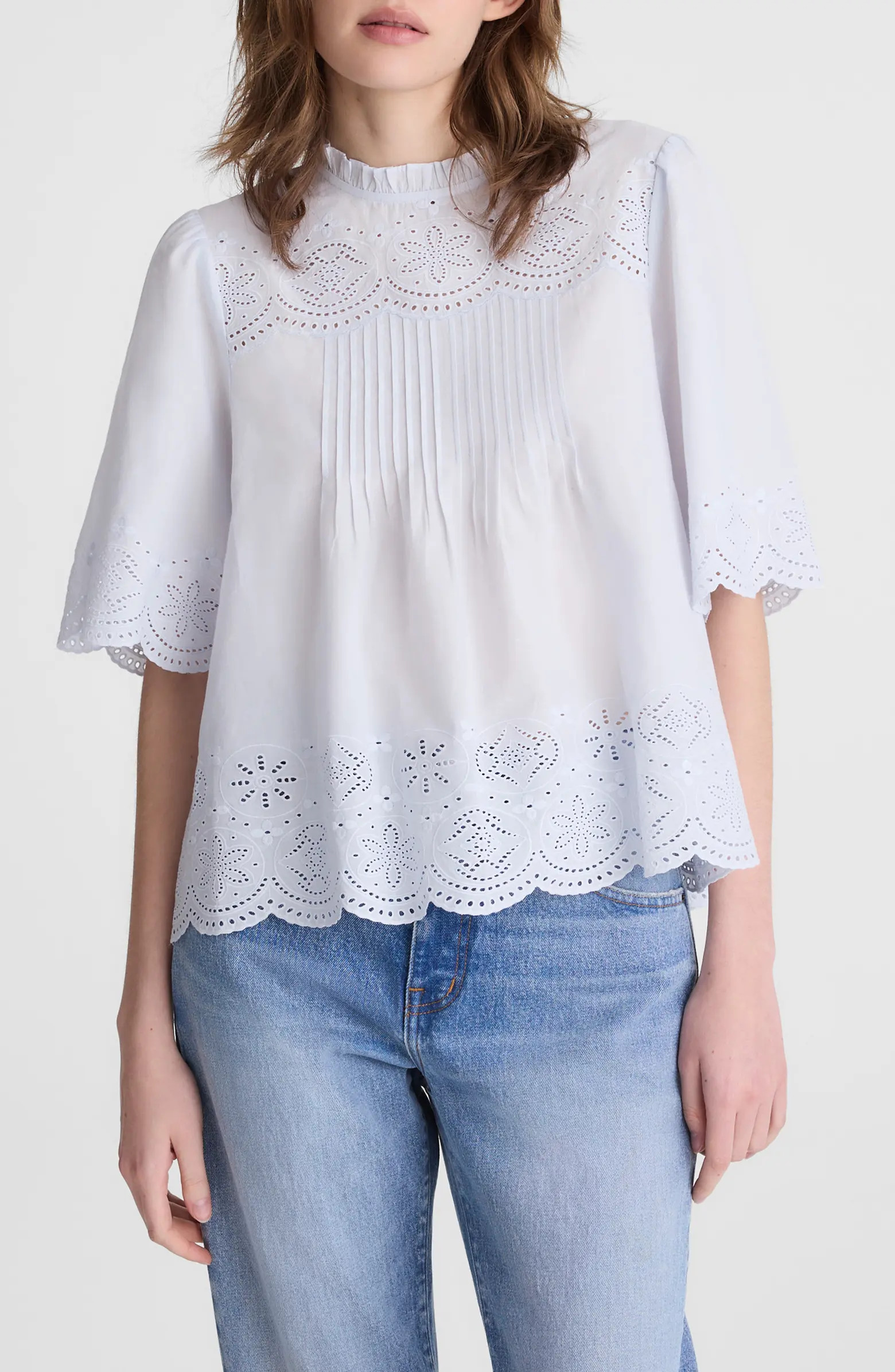 Embroidered Pintuck High Neck Cotton Voile Top | Nordstrom