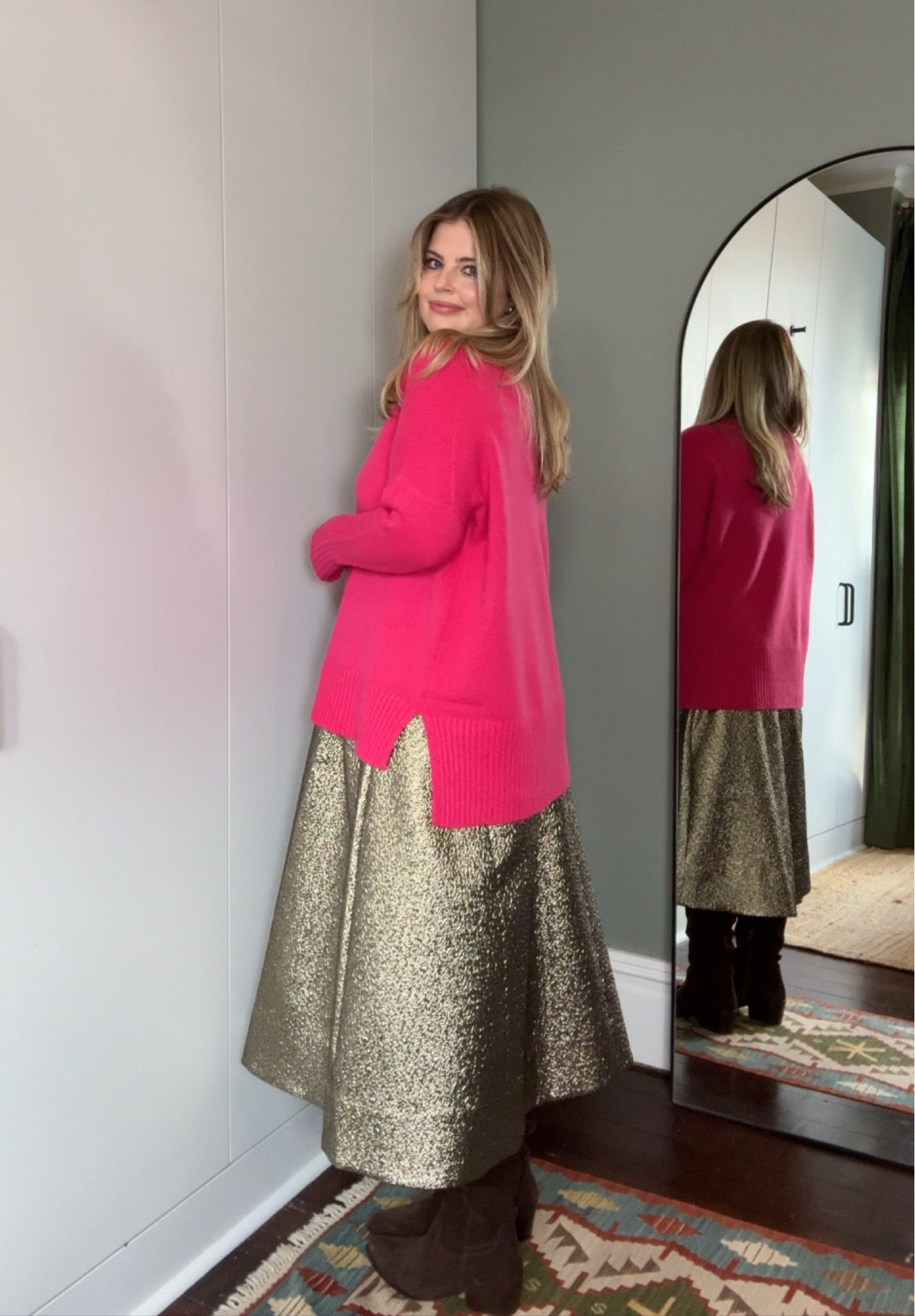 Ad | mix and match party season pieces with Boden! I'm wearing a size M in the jumper and a size 16 in the skirt 💕 Gold lame full skirt knitwear hot pink turtle neck oversized jumper  

#LTKmidsize #LTKcurves #LTKpartywear