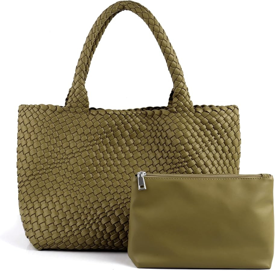 Woven Tote Bag for Women Vegan Leather Large Capacity Travel Handbag and Purse Foldable Retro Han... | Amazon (US)