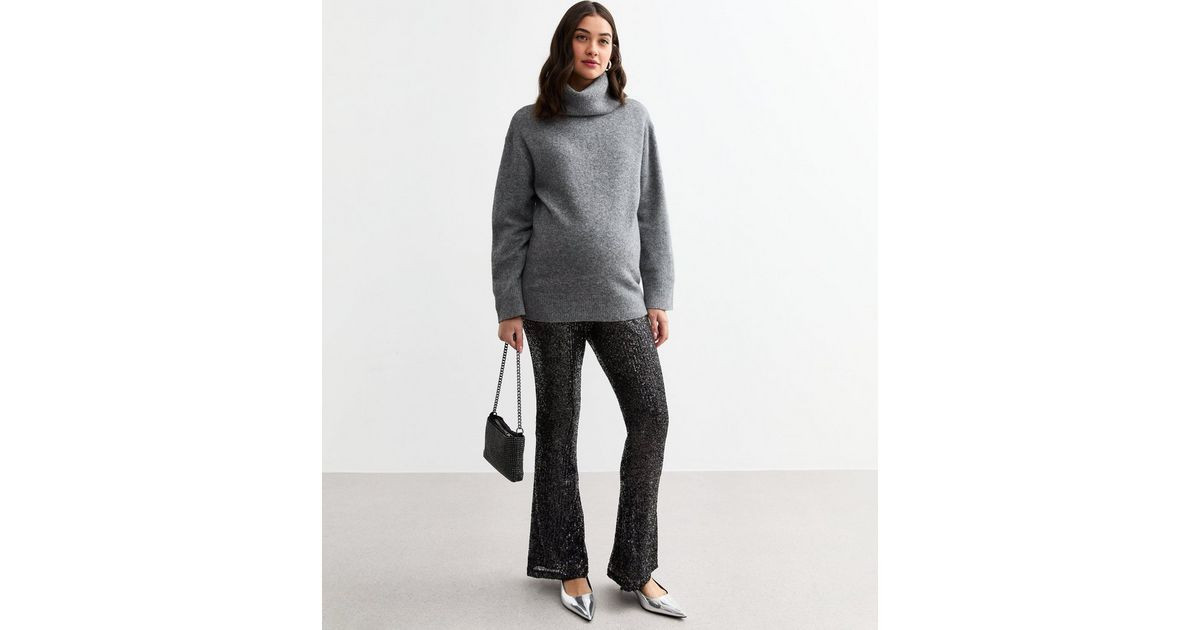 Maternity Black Sequin Kick Flare Trousers | New Look | New Look (UK)