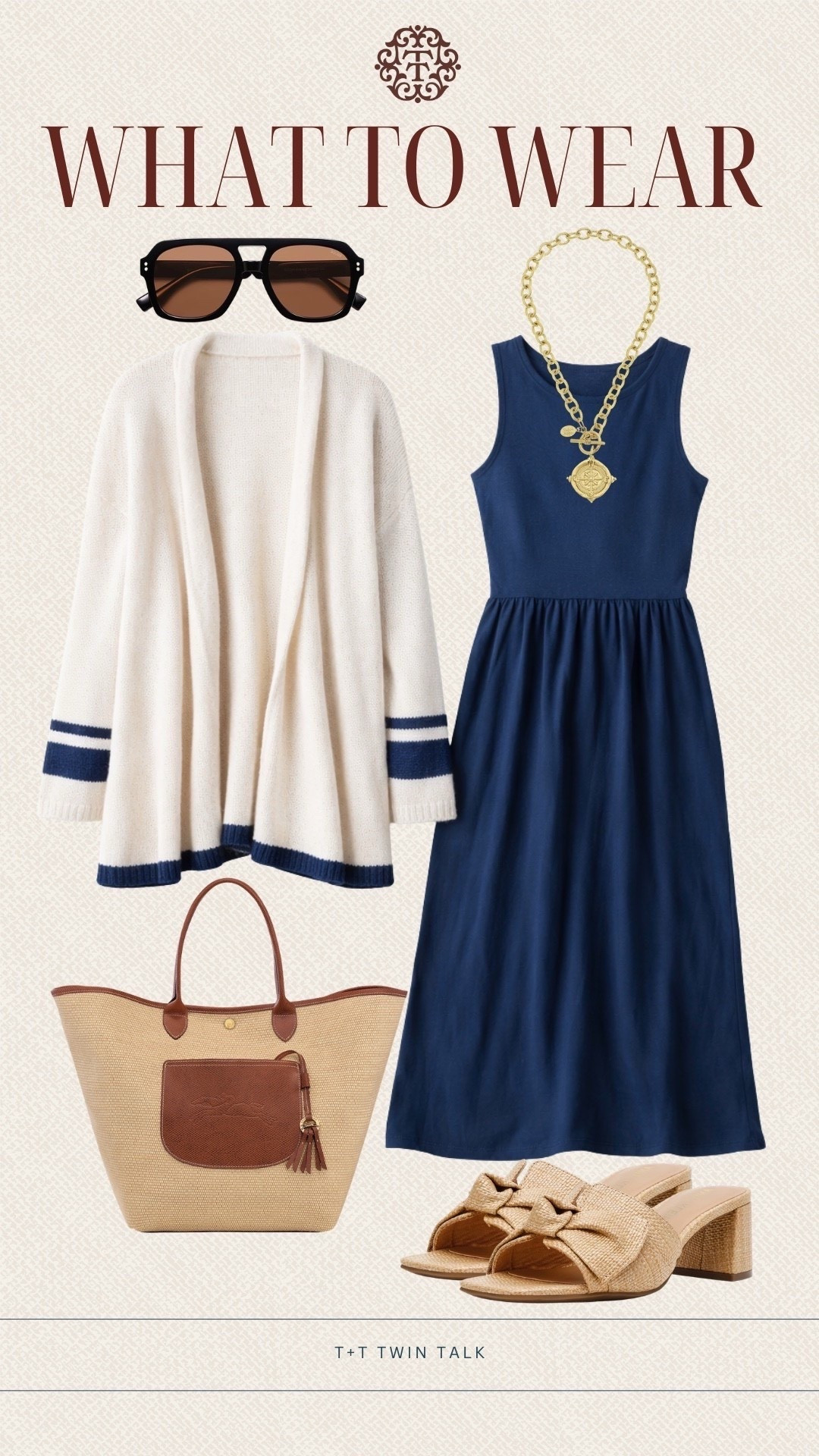 T+T, what to wear! We are loving this navy dress paired with this cardigan that just dropped at social threads! The back of the cardigan has a cute anchor on it ⚓️ we would pair it with Amazon heels, our favorite longchamp bag, and a Susan Shaw necklace! 

#LTKMidsize #LTKOver40 #LTKSeasonal