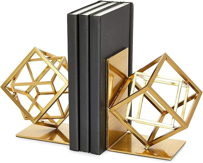 Decorative Gold Bookends with Square Metal Geometric Design, for Books, Magazines, Journals, Mode... | Amazon (US)