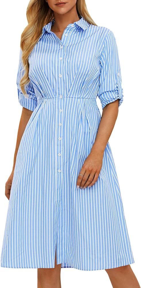 EXLURA Women's 2024 Casual Long Sleeve Button Down Shirt Dress with Pockets Striped Midi Dress El... | Amazon (US)