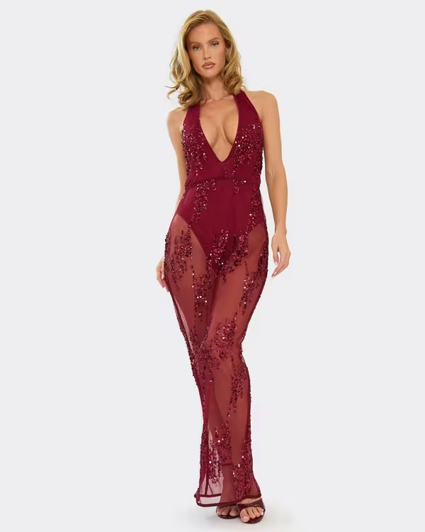 Halterneck Sequin Sheer Detail Maxi Dress In Burgundy | EGO (UK)