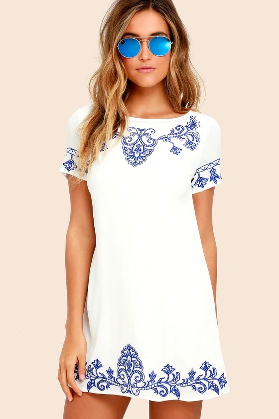 Tale to Tell Blue and Ivory Embroidered Shift Dress | Lulus (US)