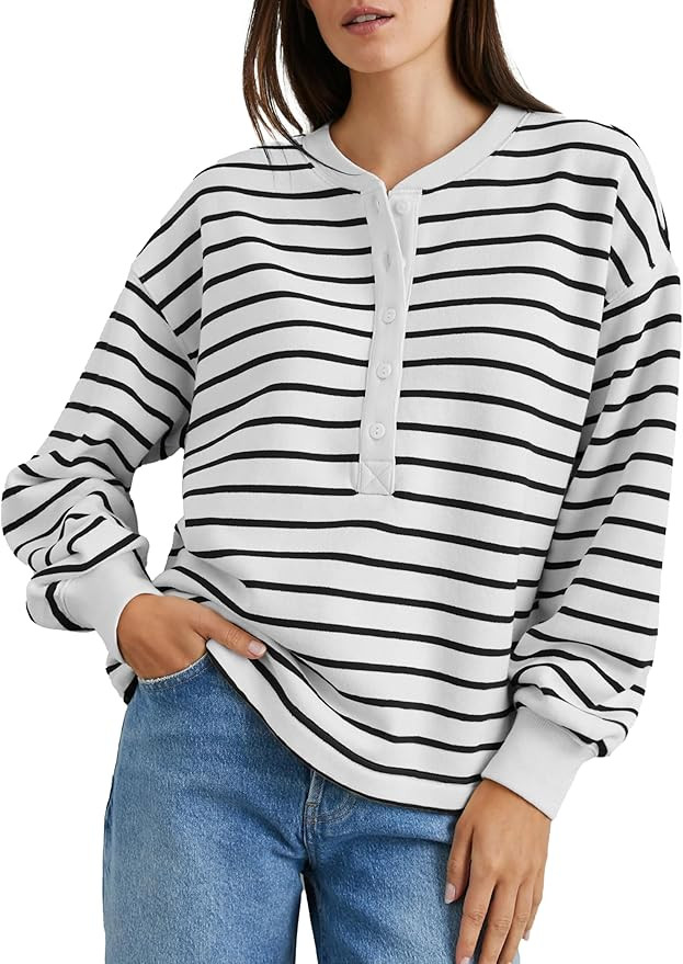 Women's Striped Oversized Sweatshirt Half Button Pullover Tops Long Sleeve Shirts Loose Drop Shou... | Amazon (US)