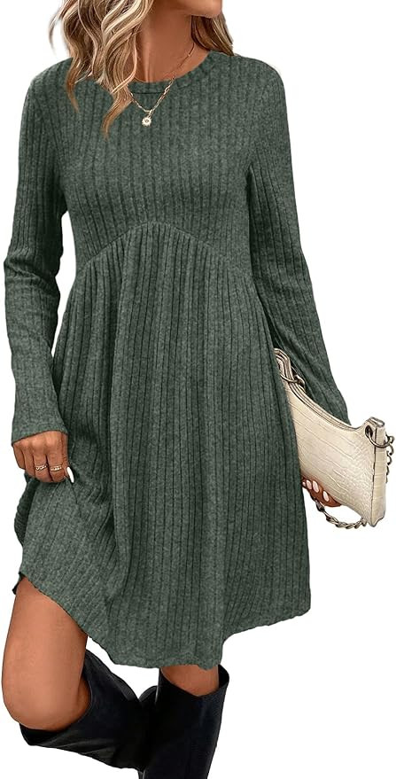 OFEEFAN Long Sleeve Dress for Women Crew Neck Empire Waist Tunic Dress with Pockets | Amazon (US)
