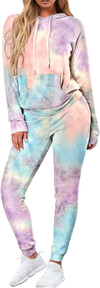 FUPHINE Womens's Tie Dye Jogger Outfit Sweatsuit 2 Piece Sweatshirt Long Sleeve Hooded and Pants ... | Amazon (US)