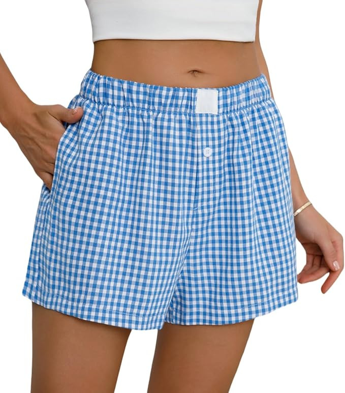 Womens Boxer Shorts Cotton Summer Casual Pajama Y2K Sleep Gingham Plaid Shorts Bottom with Pocket... | Amazon (US)