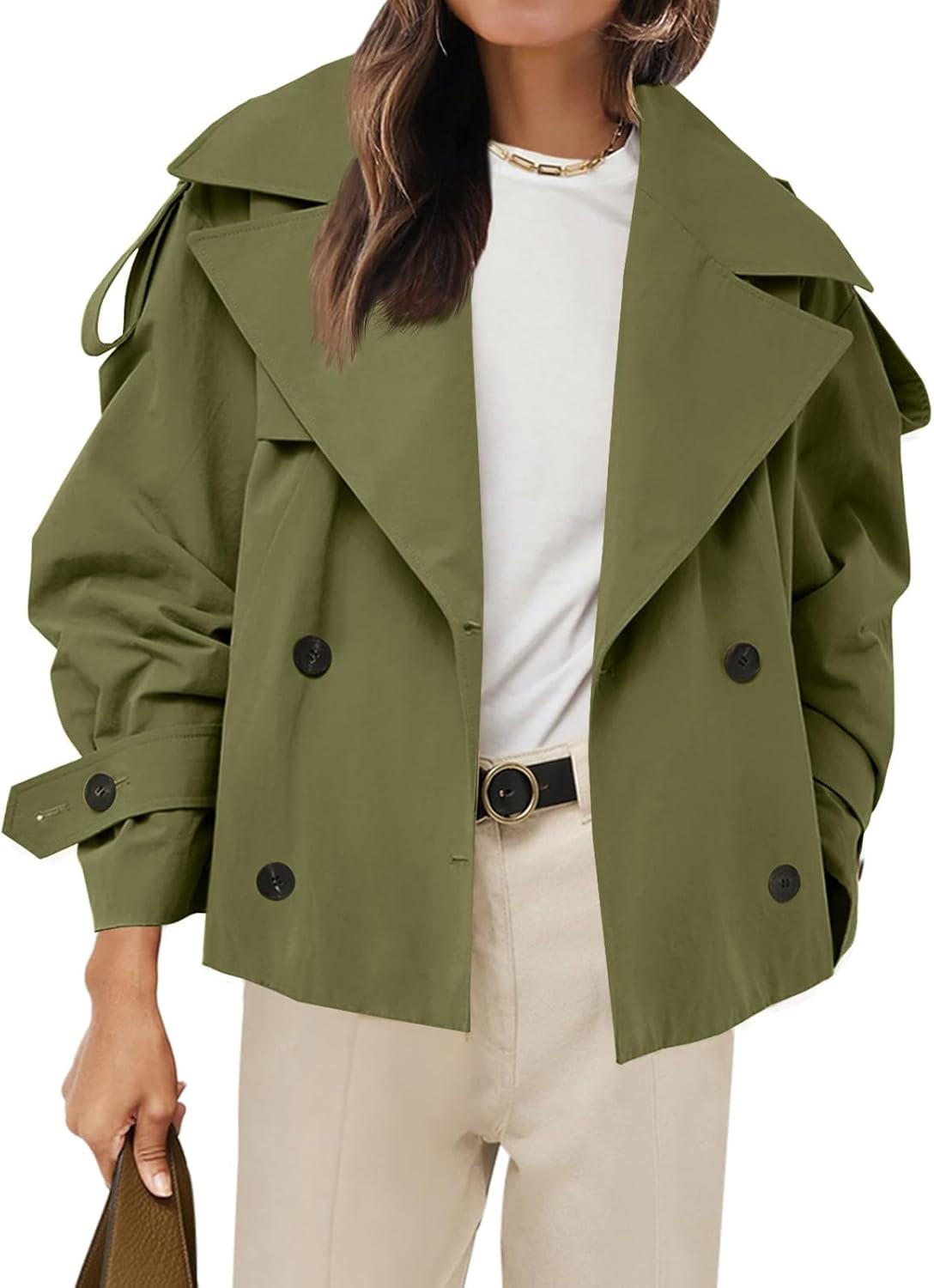 Tankaneo Womens Cropped Trench Double Breasted Short Jacket with Belt | Amazon (US)