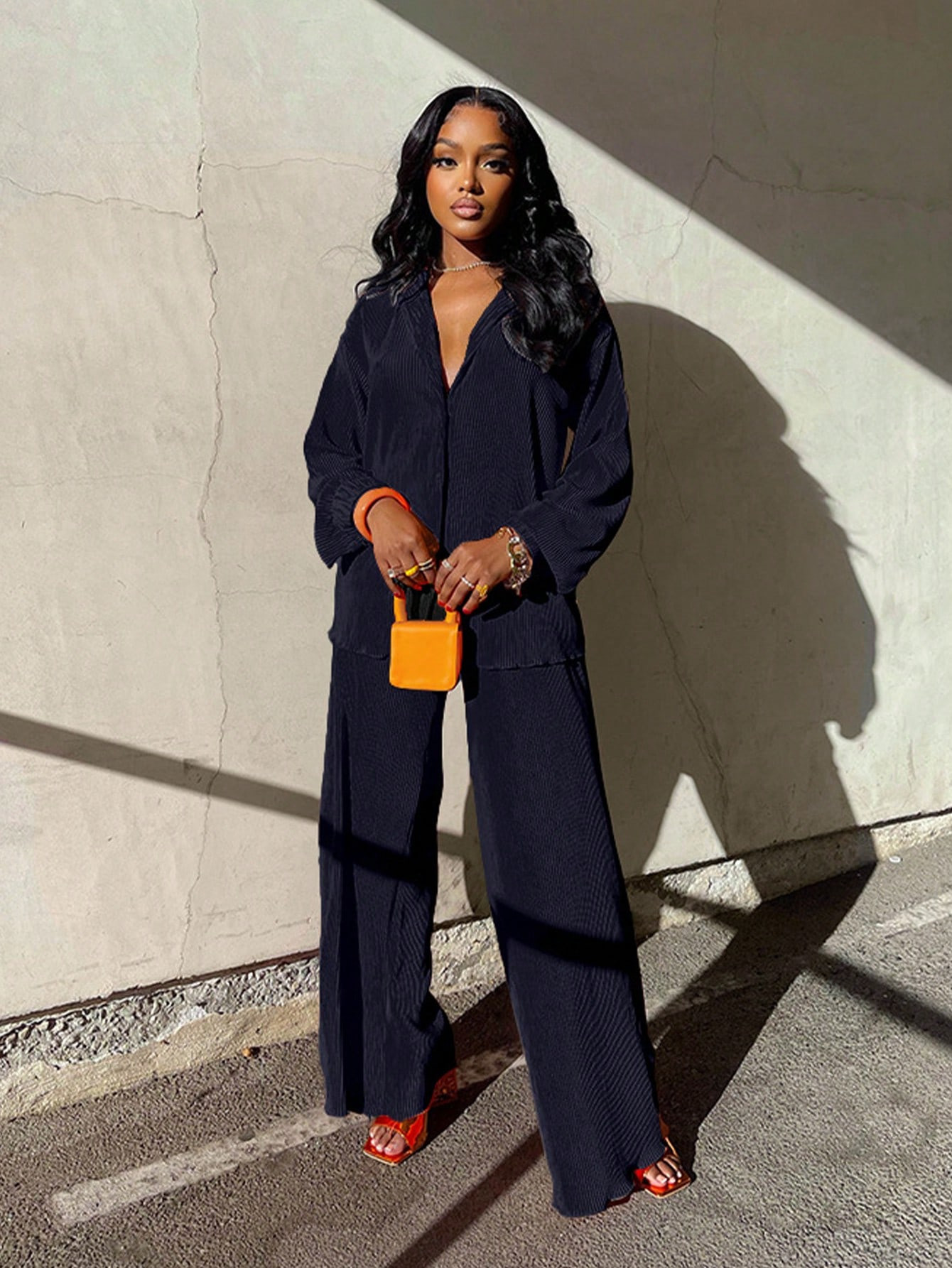 Solid Button Front Shirt & Wide Leg Pants | SHEIN