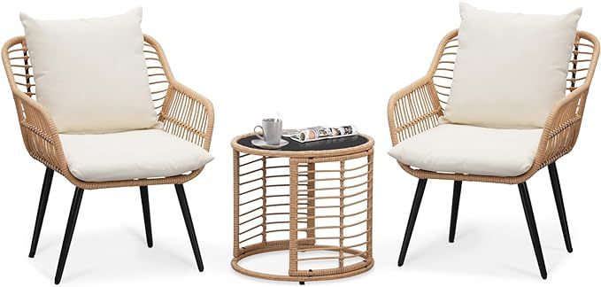 3 Pieces Patio Bistro Set, Outdoor Wicker Chairs Bistro Conversation Sets, All-Weather Ratten Out... | Amazon (US)