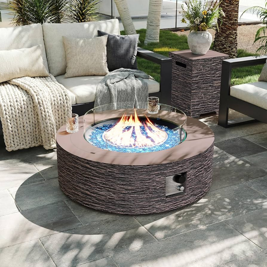 UPHA 42-inch Outdoor Propane Gas Fire Pit Table 50000 BTU Concrete Round FirePit for Outside Pati... | Amazon (US)