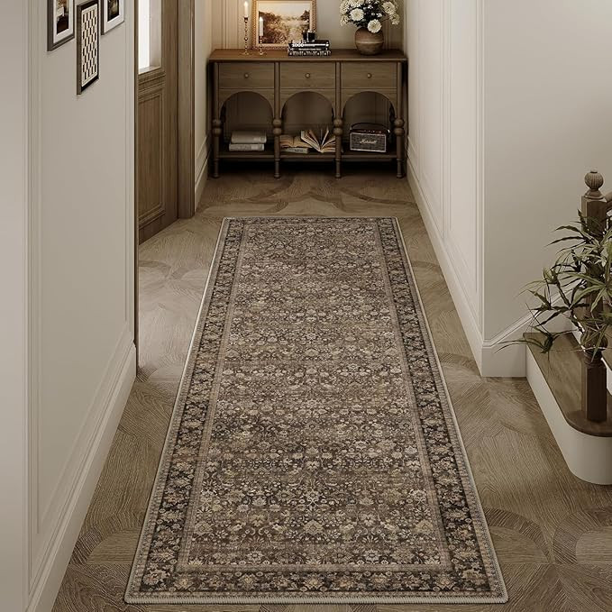HUGEAR 2x5 Runner Rug Machine Washable Brown Hallway Area Rugs Indoor Accent Rugs Floral Low Pile... | Amazon (US)