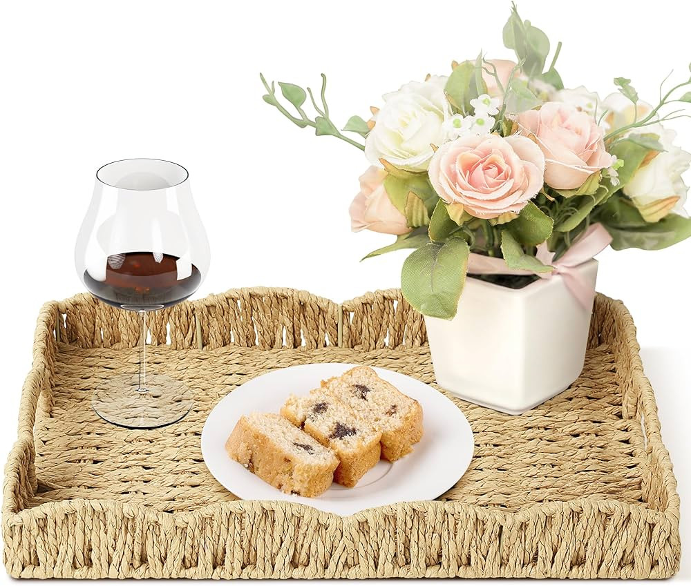 Bellzacasa Scalloped Tray with Handles, Hand Woven Scalloped Paper Rope Decorative Tray, Square S... | Amazon (US)