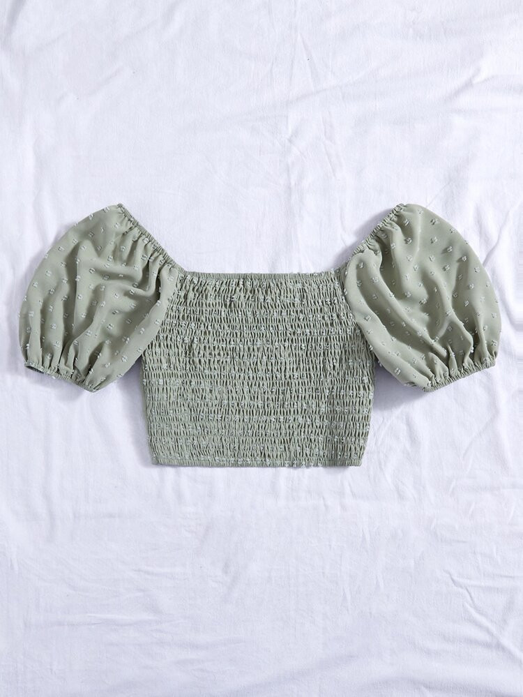 Puff Sleeve Ruched Cut Out Shirred Swiss Dot Top | SHEIN